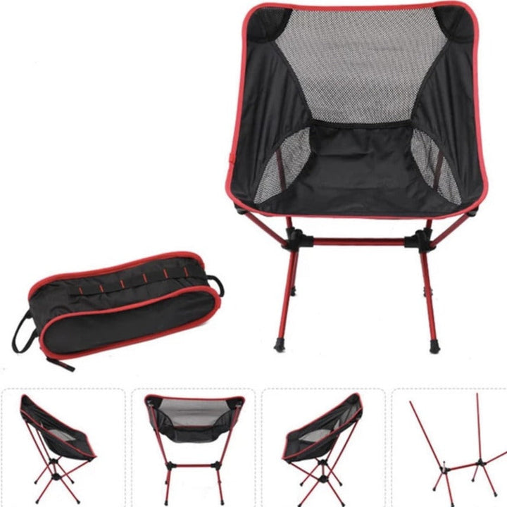 "Foldbar UltraLightChair i letvægtigt design, perfekt til camping og udendørsbrug, blå netstof og robuste stålstænger."