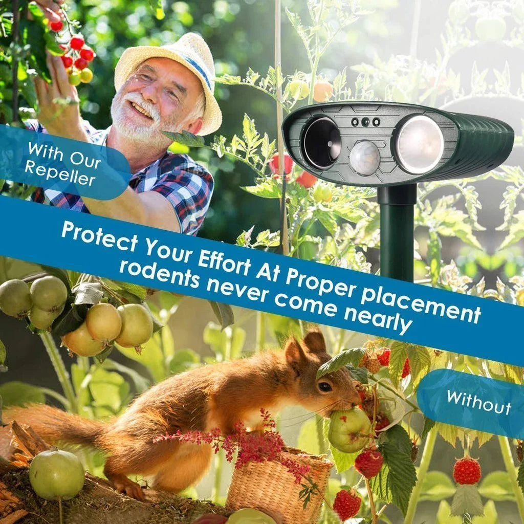 GardenGuard Echo: Innovativ solcelledrevet ultralyds dyreafskrækker, perfekt til din udendørs have.