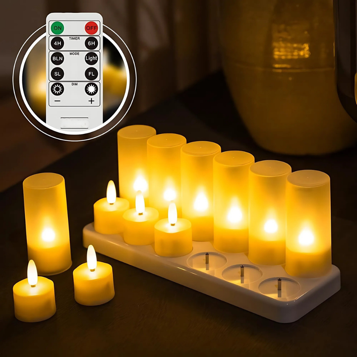 Genopladeligt LED fyrfadslys sæt med fjernbetjening. Skaber hygge og sikker belysning indendørs.