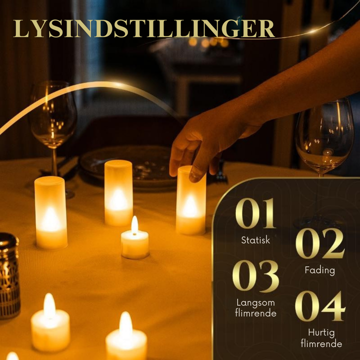 Flammefri LED fyrfadslys, genopladelige og fjernbetjente. Sikker og hyggelig stemningsbelysning.