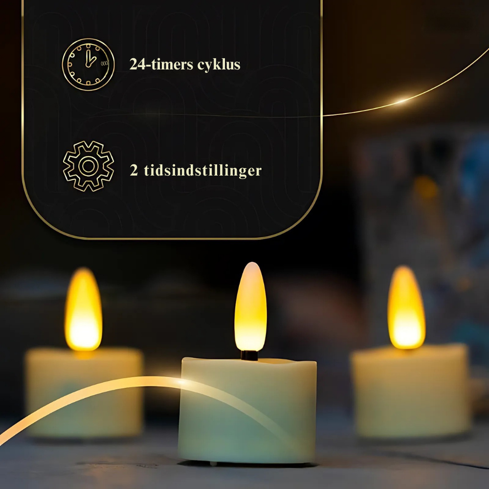 Dekorative genopladelige LED fyrfadslys. Perfekte til hyggelys og stemningsskabende indendørs belysning.