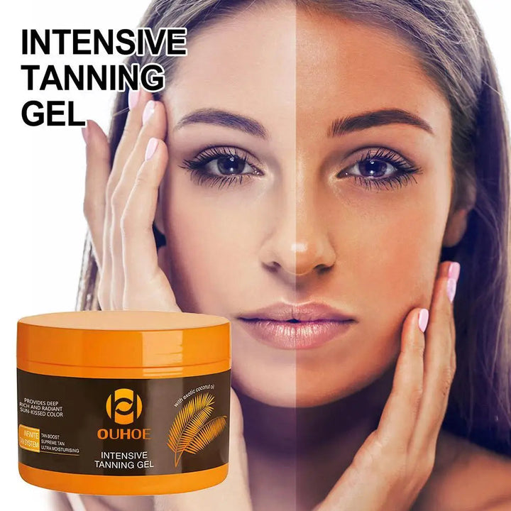 Glødende kvindehud med naturlig bronze. GlowAura selvbruner gel giver øjeblikkelig, stribefri og fugtgivende effekt.