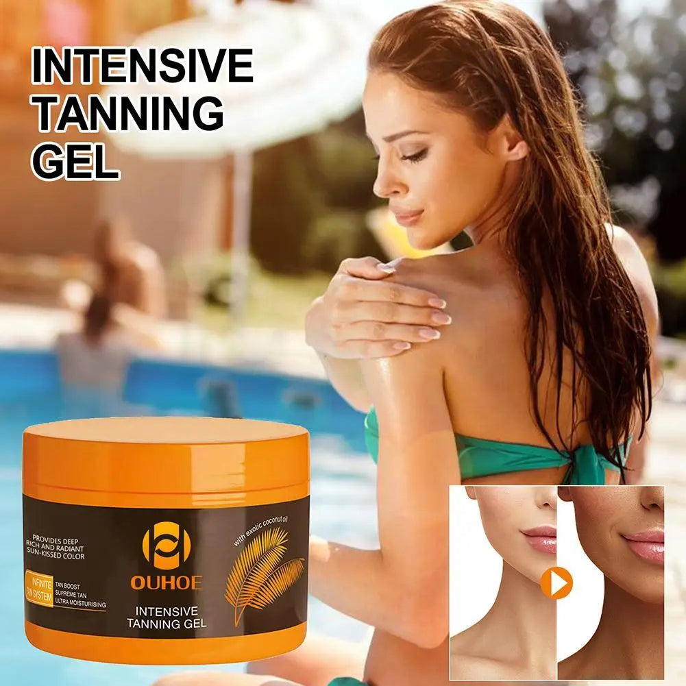GlowAura selvbruner gel. Øjeblikkelig, stribefri sommerglød for kvinder. Fugtgivende hudpleje med naturlig bronze.