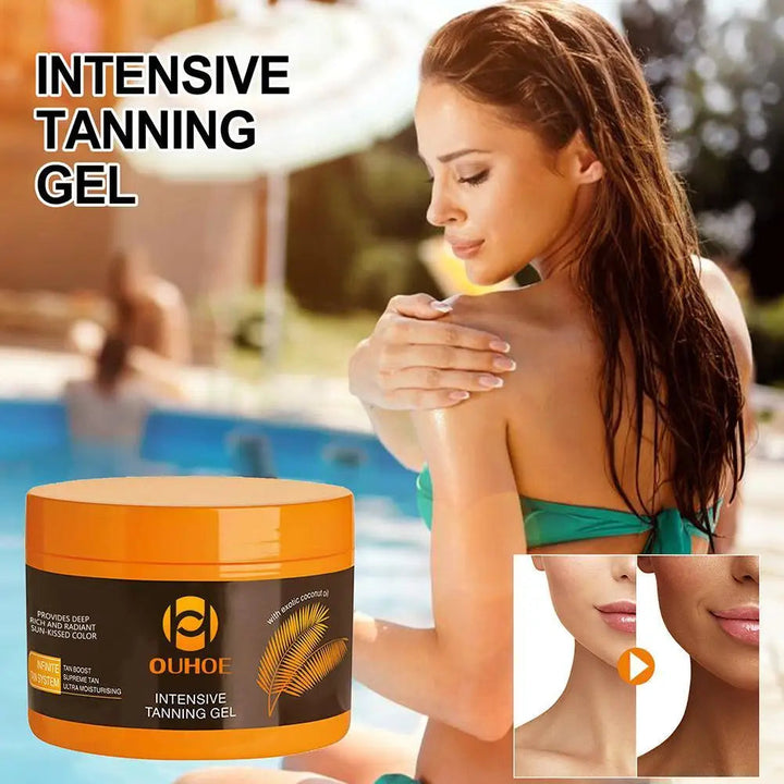 GlowAura selvbruner gel. Øjeblikkelig, stribefri sommerglød for kvinder. Fugtgivende hudpleje med naturlig bronze.