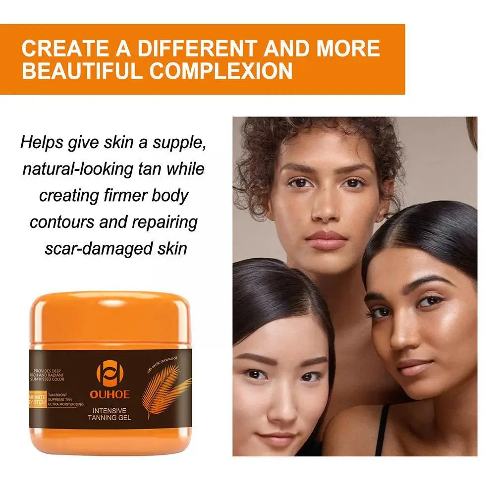 Naturlig, stribefri bronze glød med GlowAura selvbruner gel. Øjeblikkelig effekt og fugtgivende hudpleje for kvinder.
