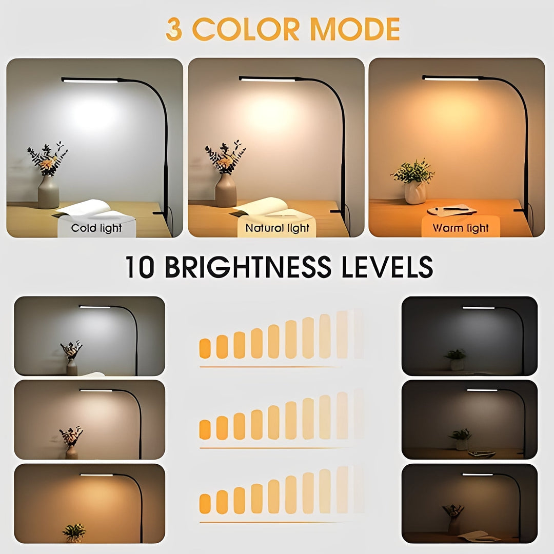Elegant GlowMaster LED-skrivebordslampe i børstet aluminium; moderne design til hjemmekontor og studiebrug.
