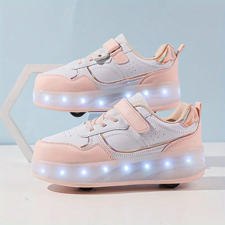 "GlowRush LED rullesko til børn med indtrækkelige hjul; farverige sneakers med skinnende lys til fart og sjov."
