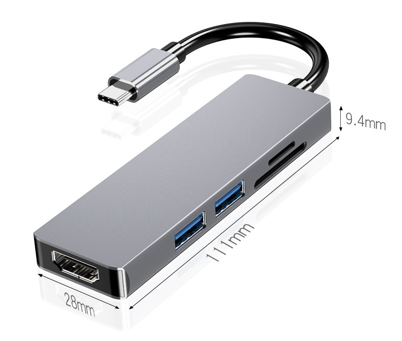 StreamPort grå USB-C hub til MacBook med HDMI 4K, USB 3.0 og kortlæser. Kompakt 5-i-1 adapter.