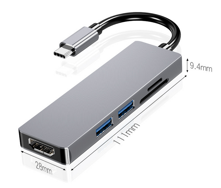StreamPort grå USB-C hub til MacBook med HDMI 4K, USB 3.0 og kortlæser. Kompakt 5-i-1 adapter.