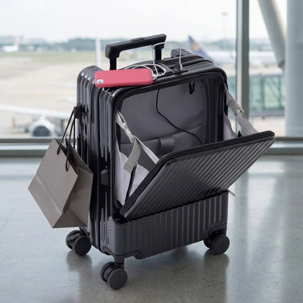 Grå CarryNex håndbagage kuffert med frontåbning, USB-port & kopholder – ideel til smarte rejsende.
