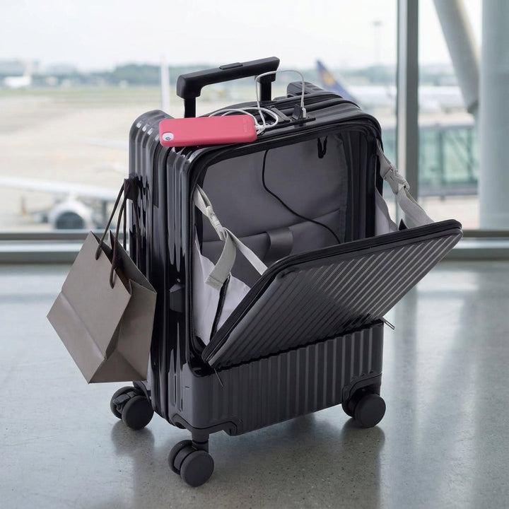 Grå CarryNex håndbagage kuffert med frontåbning, USB-port & kopholder – ideel til smarte rejsende.
