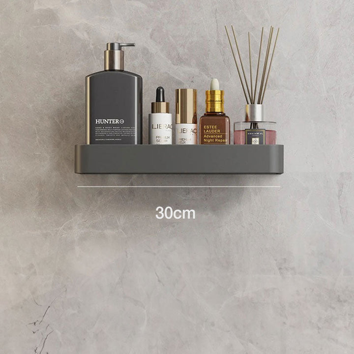 Grå moderne badeværelseshylde for elegant vægopbevaring uden boring og let organisering.