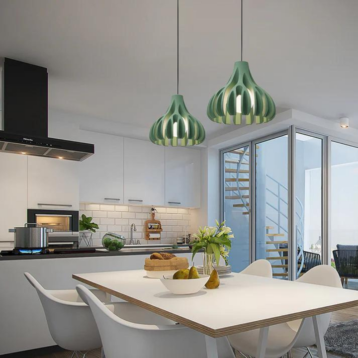 Moderne, grøn geometrisk loftslampe. Dæmpbar LED-lampe ideel til stilfuld og funktionel indretning.