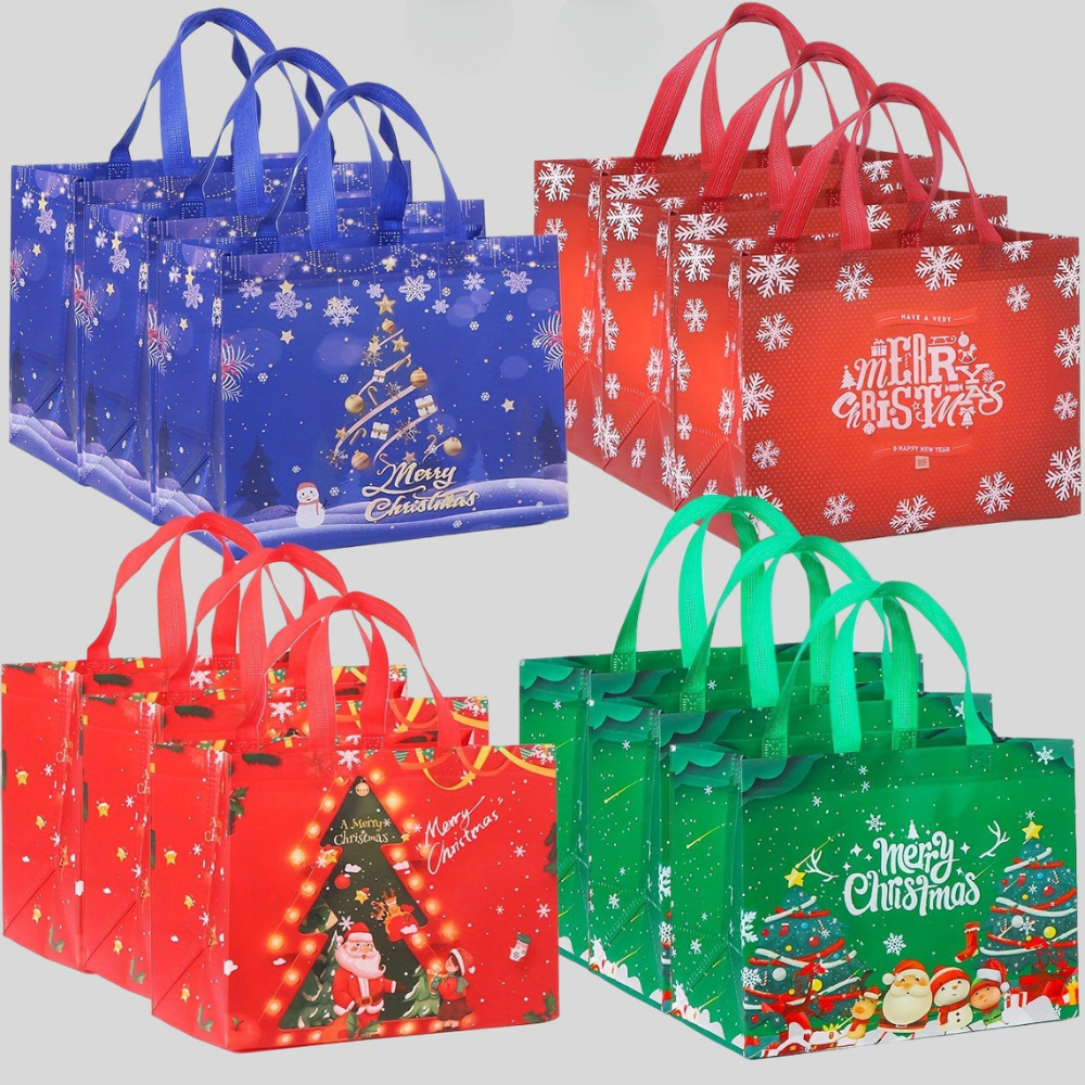 Bæredygtige julegaveposer med smukt juledesign, klar til at pakke dine gaver ind.