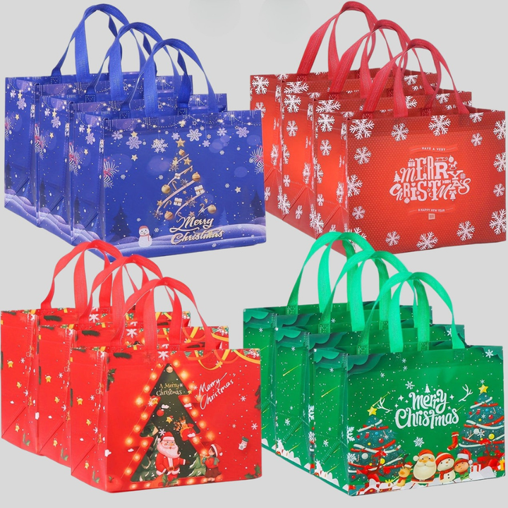 Bæredygtige julegaveposer med smukt juledesign, klar til at pakke dine gaver ind.