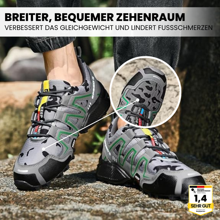 Grå og grønne unisex vandrestøvler, ortopædiske, perfekte til trekking og god fodstøtte.