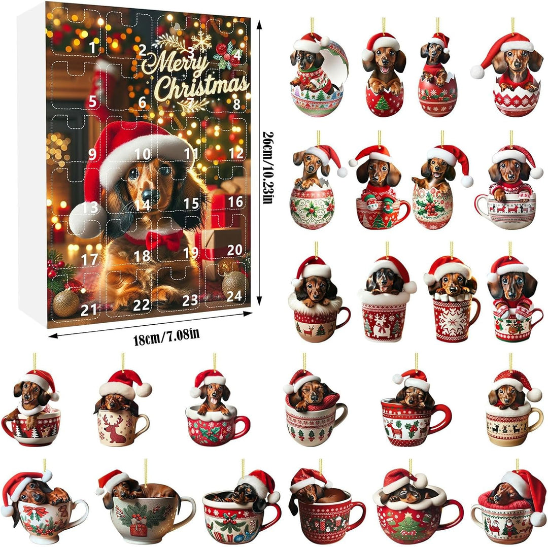 Oversigt over Gravhund adventskalenderen, viser det nuttede gravhundedesign og julemotiver.