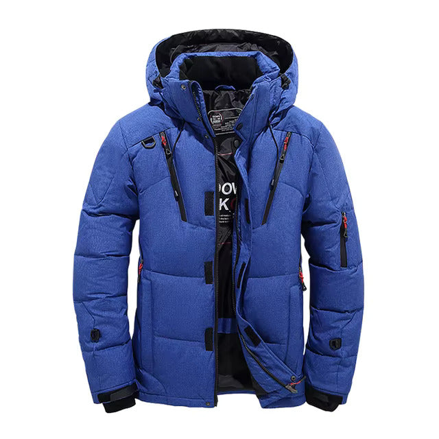 "Grøn vinterdunjakke med termisk foring, vand- og vindafvisende, elegant design til mænd og kvinder, justerbar hætte."