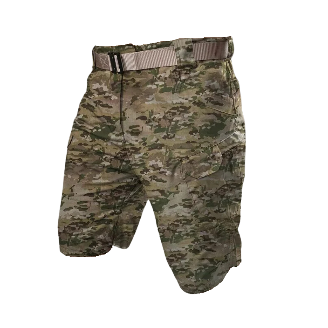 Grønne outdoor cargo shorts til mænd, holdbart polyester med lynlåslommer, perfekt til udendørs eventyr.