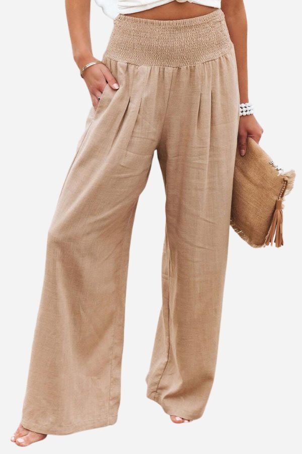 Elegante kvindebukser: Højtaljede med smocktalje og trendy brede ben for en moderne og komfortabel stil.