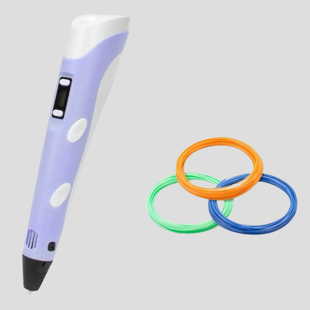 Nærbillede af en hånd, der bruger en 3D pen til at skabe et farverigt design. Perfekt til hobby.