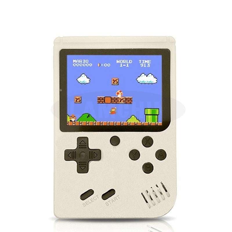 En rød håndholdt retro gaming konsol med 400 klassiske spil. Bærbar underholdning for alle.