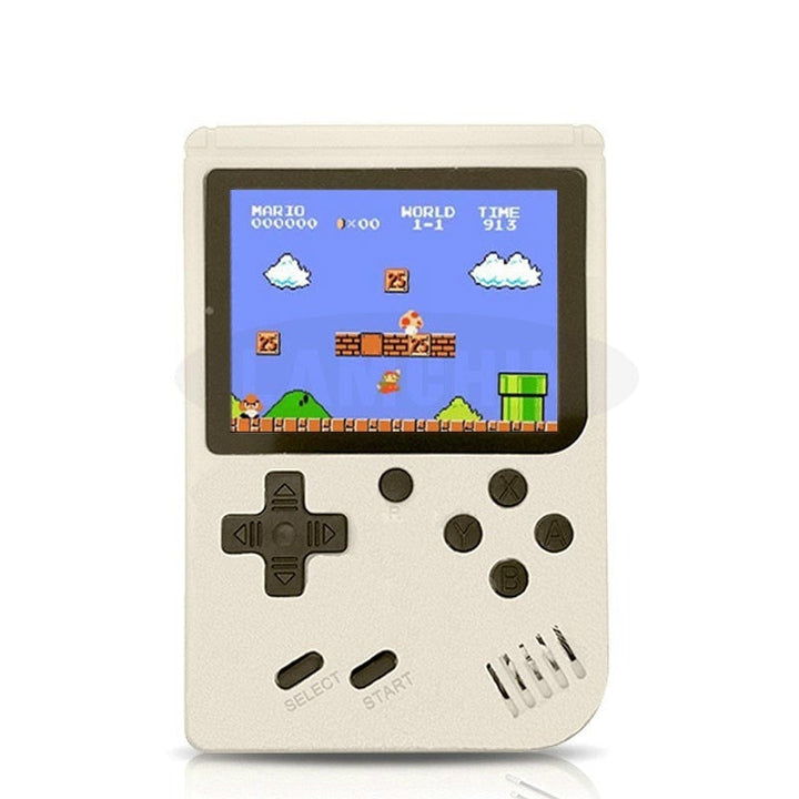 En rød håndholdt retro gaming konsol med 400 klassiske spil. Bærbar underholdning for alle.