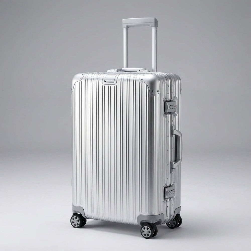 Letvægts aluminium kuffert med fire 360° spinnehjul og integreret TSA lås for holdbarhed.
