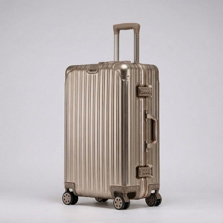 Robust metal rejsekuffert i aluminiumslegering, med TSA lås og lydløse spinnehjul for komfort.