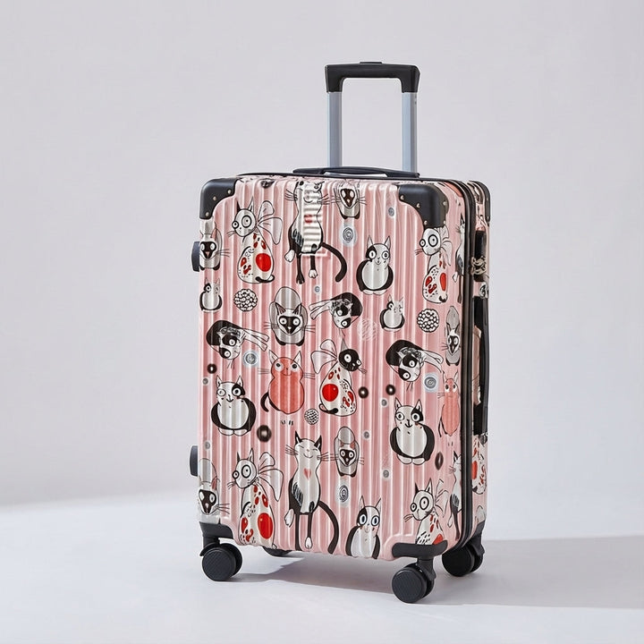Flot design kuffert med abstrakt print, hård skal og 360° spinnerhjul for nem transport af bagage.