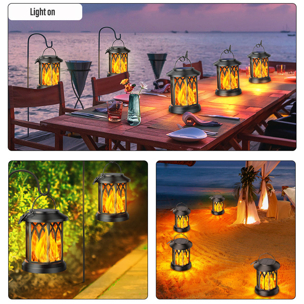 Hængende solcellelanterne med realistisk flamme, elegant design, oplader i sollys, til have eller terrasse.