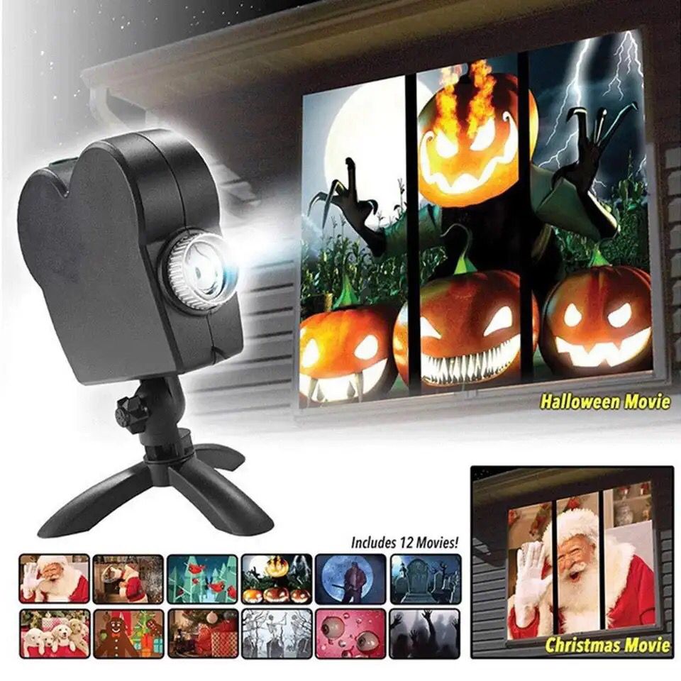 Halloween vinduesprojektor viser uhyggelige spøgelser på husvinduet, perfekt gyserdekoration til fest.