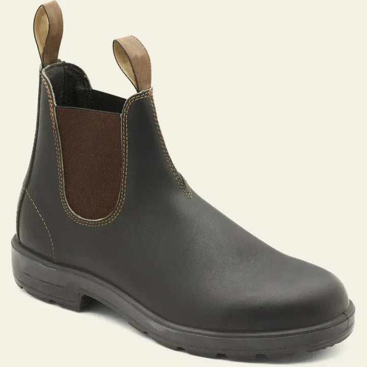 "Herre Chelsea støvler i ægte læder med skridsikker gummisål og klassisk slip-on design, mørkebrun og stilfuld."
