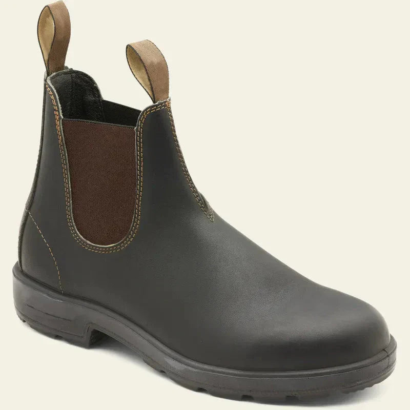 "Herre Chelsea støvler i ægte læder med skridsikker gummisål og klassisk slip-on design, mørkebrun og stilfuld."