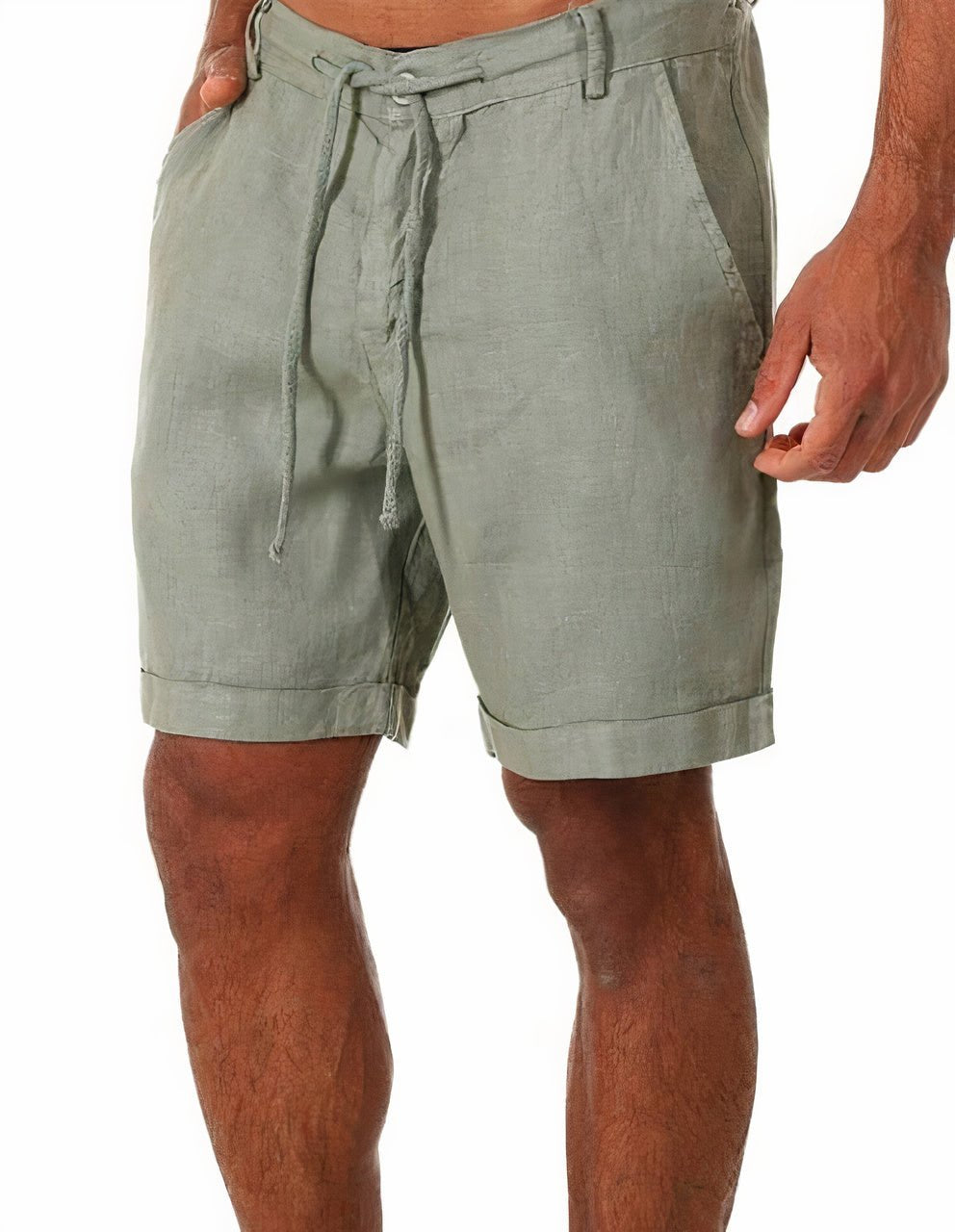 Beige herre hørshorts med snørebånd og manchetter, perfekte som afslappede sommershorts til mænd.