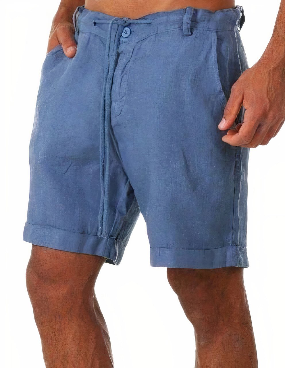 Blå herre sommershorts i hør med snørebånd og manchetter. Ideelle strandshorts til mænd.