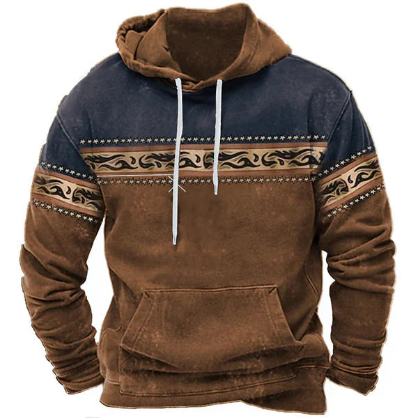 Herre hættetrøje med unikt etnisk mønster og farvegradient. Perfekt til casual streetwear og hverdagsstil.