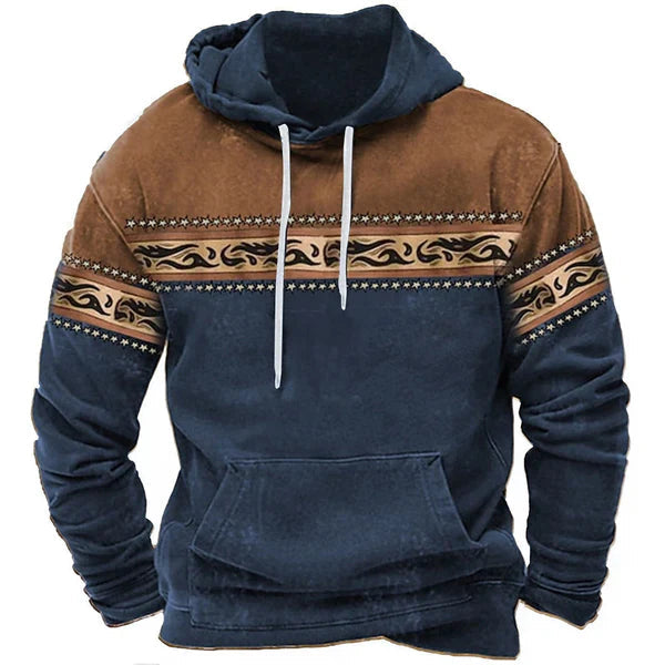 Trendy herre hoodie med etnisk mønster, gradient farver og kængurulomme. Ideel til urban mode og fritidstøj.