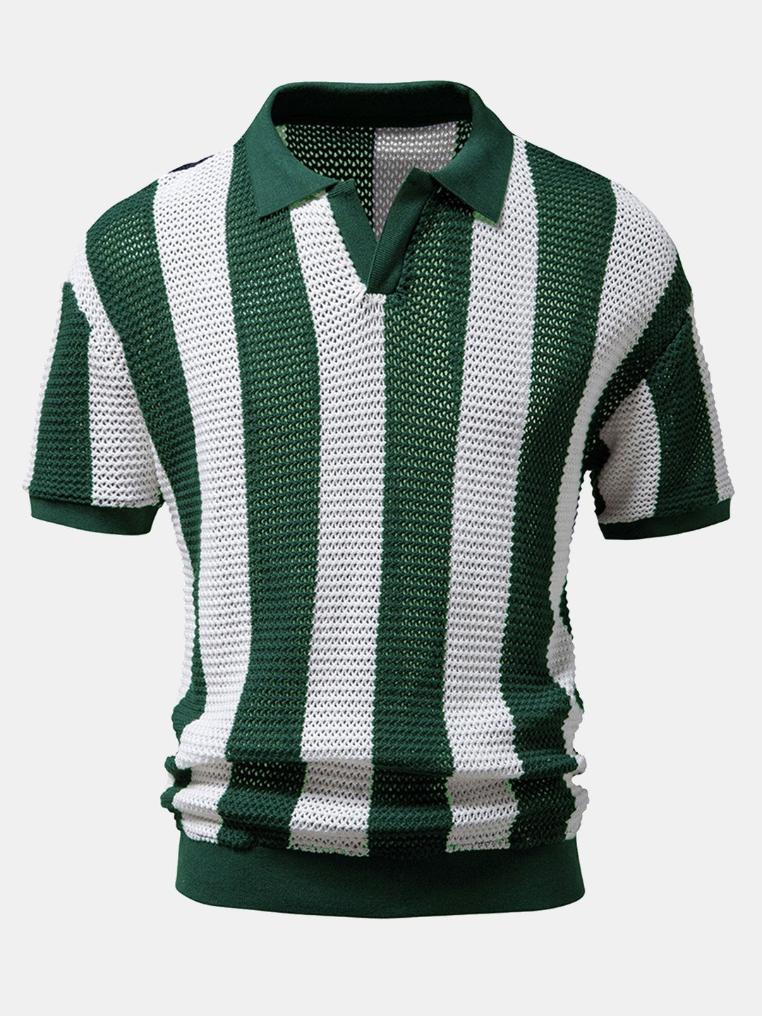 Herre åndbar poloshirt med V-hals og elegante striber, perfekt til sommer og hverdag.