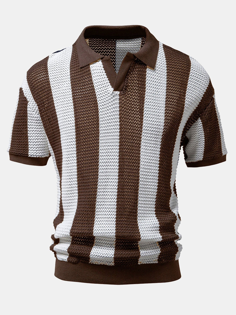Grøn herre poloshirt med V-hals og stilfulde striber, åndbar og afslappet retro stil.