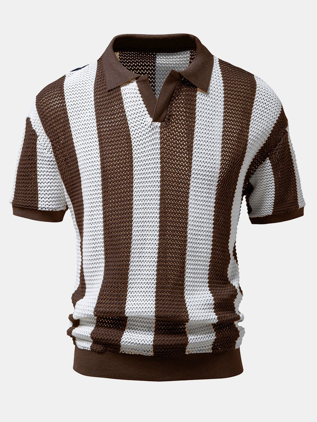 Grøn herre poloshirt med V-hals og stilfulde striber, åndbar og afslappet retro stil.
