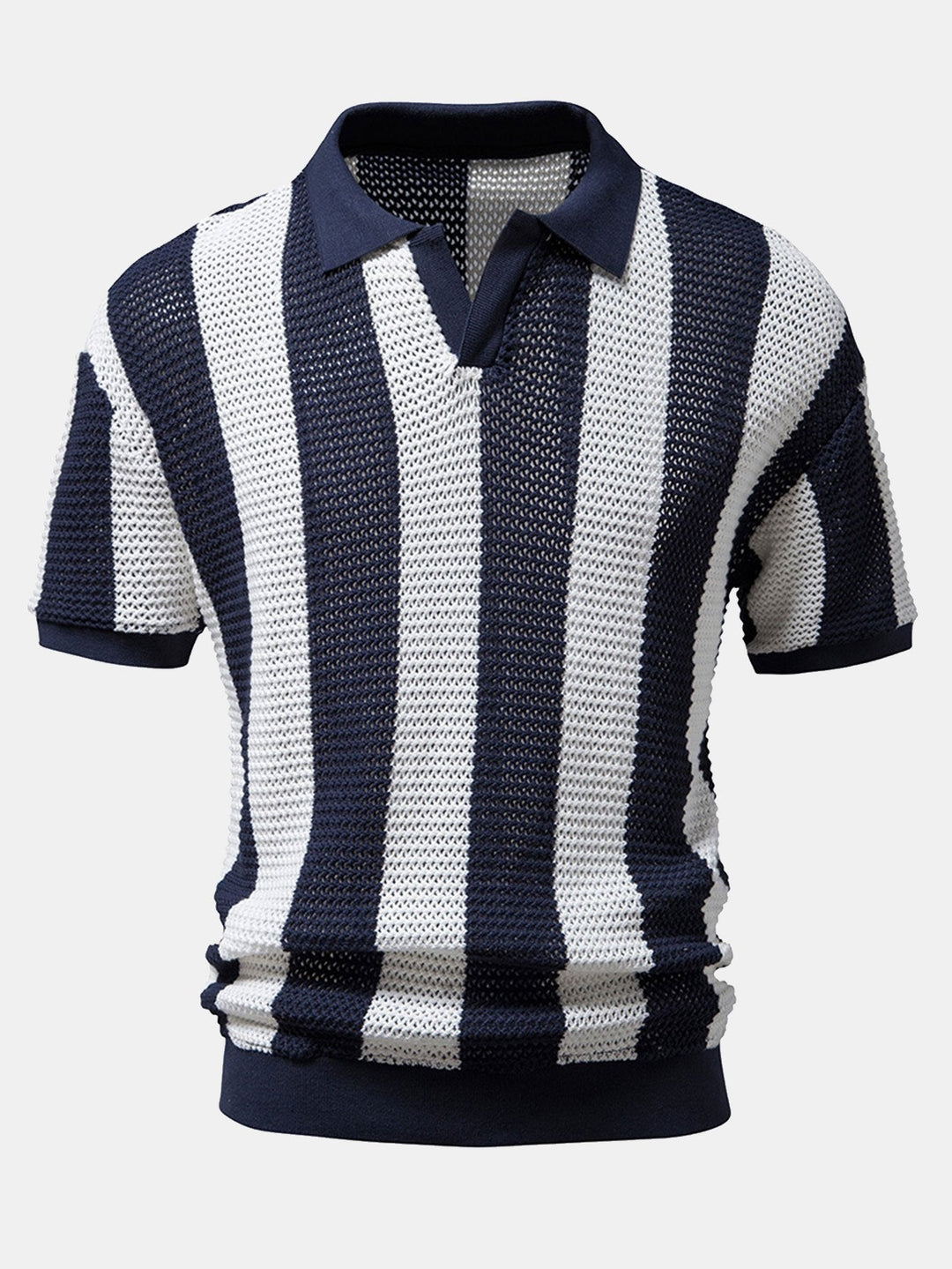 Brun herre poloshirt, åndbar med korte ærmer, V-hals og moderne striber for komfortabel sommer.