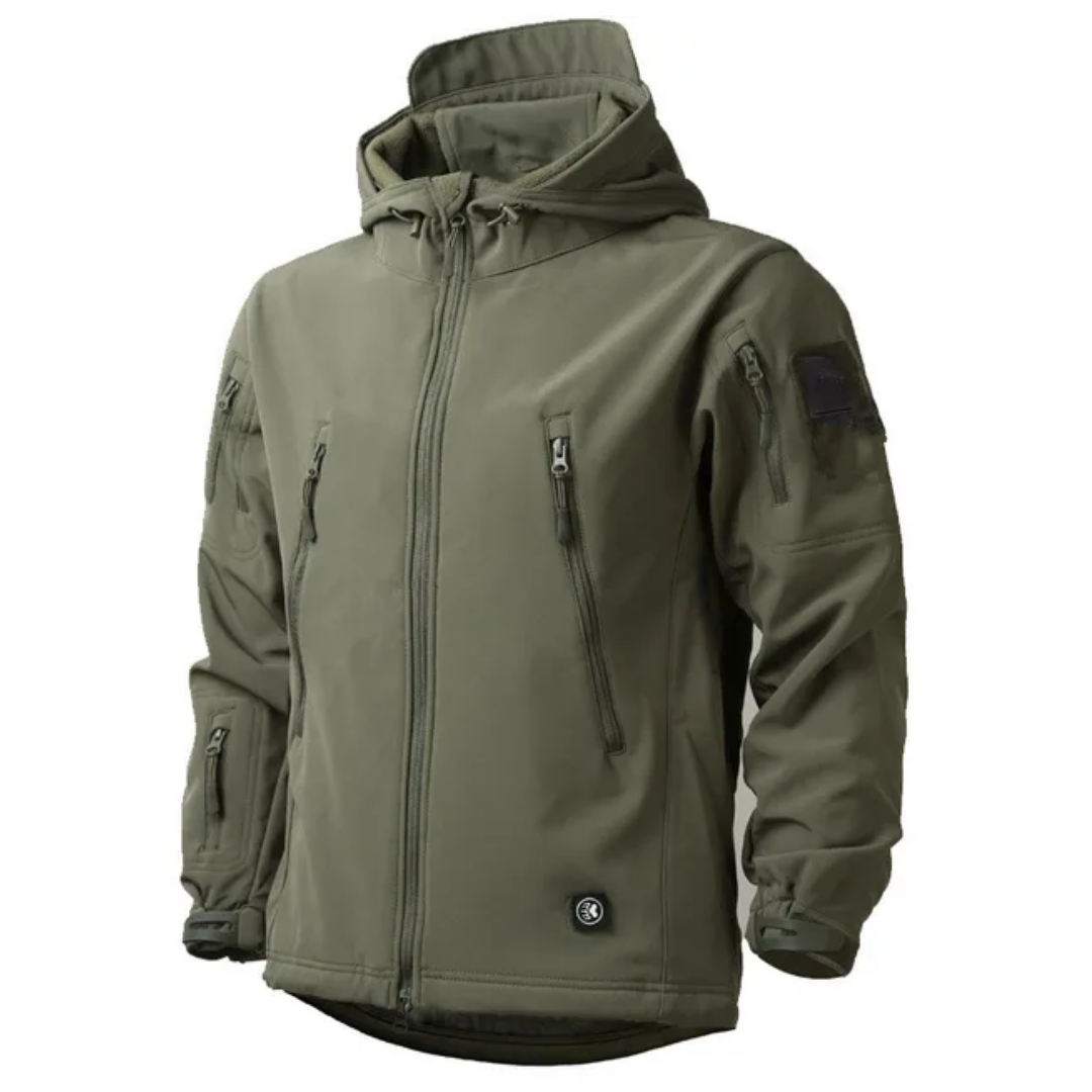 "Herre softshell-jakke, vindtæt og vandtæt, med termisk fleeceforing og moderne udendørs design i sort."