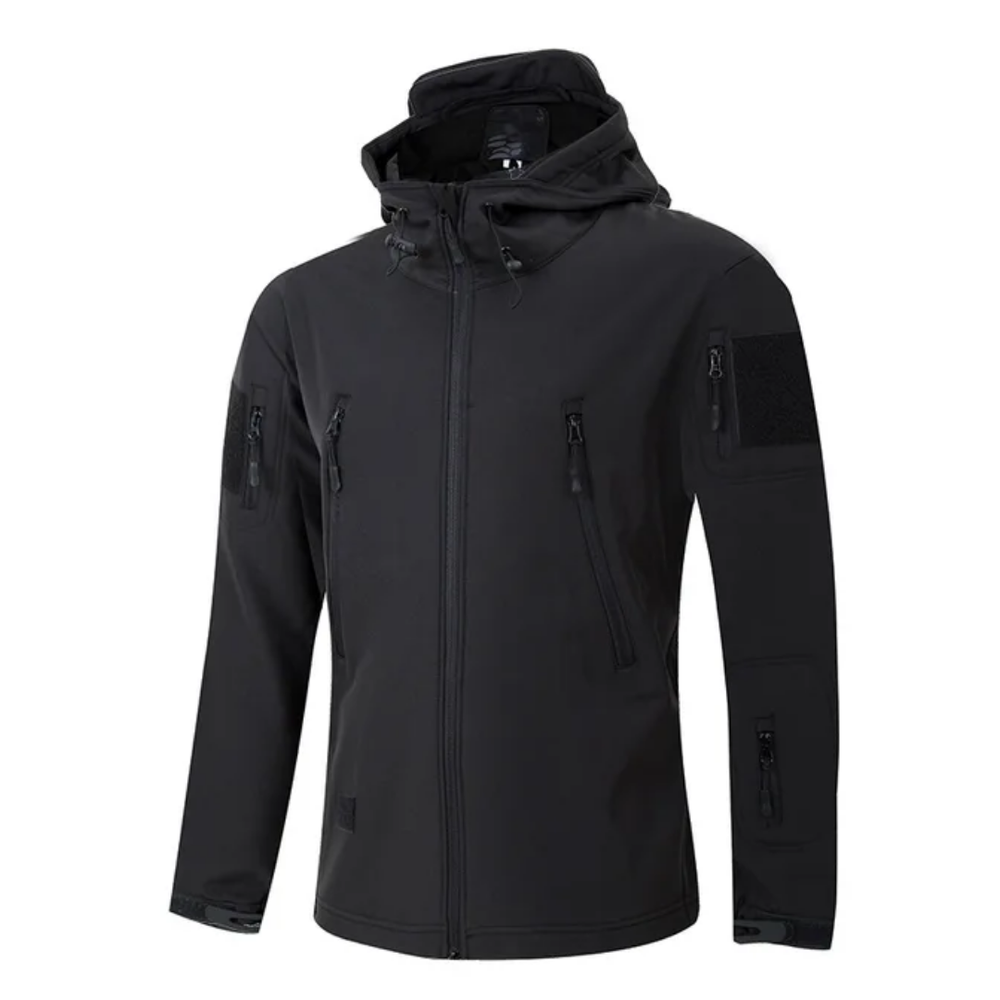 "Herre softshell-jakke, vindtæt og vandtæt, med termisk fleeceforing og moderne udendørs design i sort."