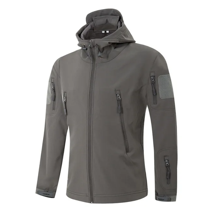 "Herre softshell-jakke, vindtæt og vandtæt, med termisk fleeceforing og moderne udendørs design i sort."