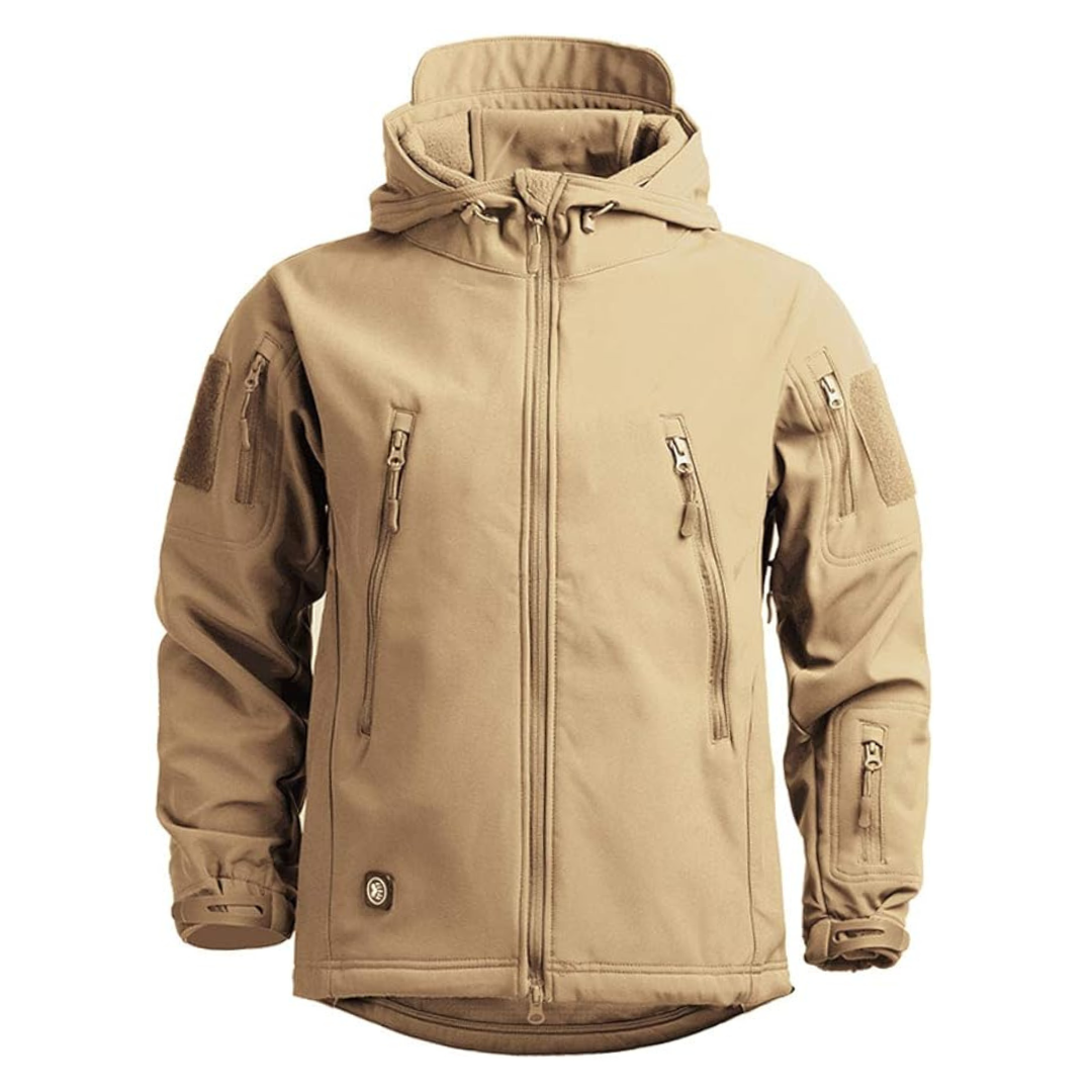 "Herre softshell-jakke, vindtæt og vandtæt, med termisk fleeceforing og moderne udendørs design i sort."