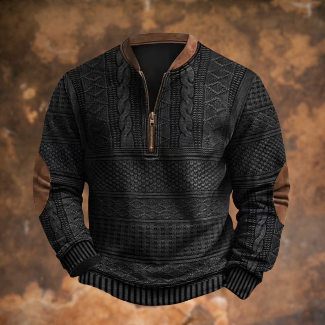 Detalje af strikket herre sweater med halv lynlås. Komfortabel herremode til efterår og vinter.