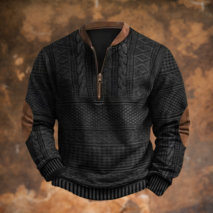 Detalje af strikket herre sweater med halv lynlås. Komfortabel herremode til efterår og vinter.