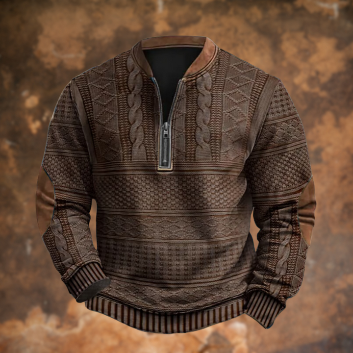 Blød og komfortabel herre sweater i strik med halv lynlås. Alsidig beklædning til moderne mænd.