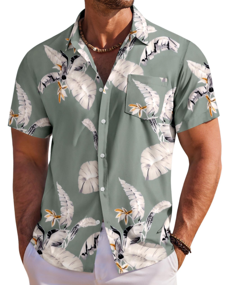 Kortærmet Hawaii skjorte for mænd. Afslappet og åndbar til varmt vejr.